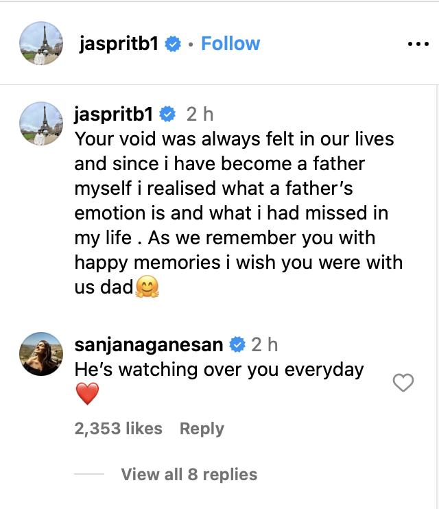 Sanjana Ganeshan Reacts As Jasprit Bumrah Misses His Late Father